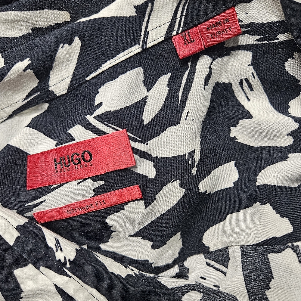 HUGO BOSS Ekilio Straight Fit Black White Patterned Mens Shirt, XL - Picture 2 of 7